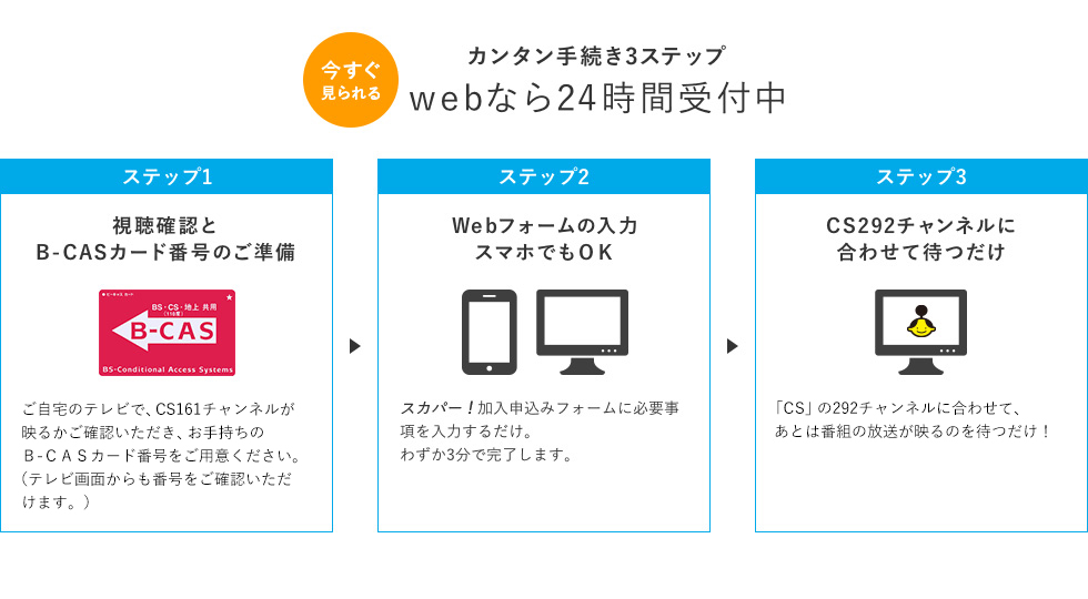 今すぐ見られるカンタン手続き3ステップ webなら24時間受付中 ステップ1：視聴確認とB-CASカード番号のご準備/ステップ2：Webフォームの入力 スマホでもOK/ステップ3：CS292チャンネルに合わせて待つだけ