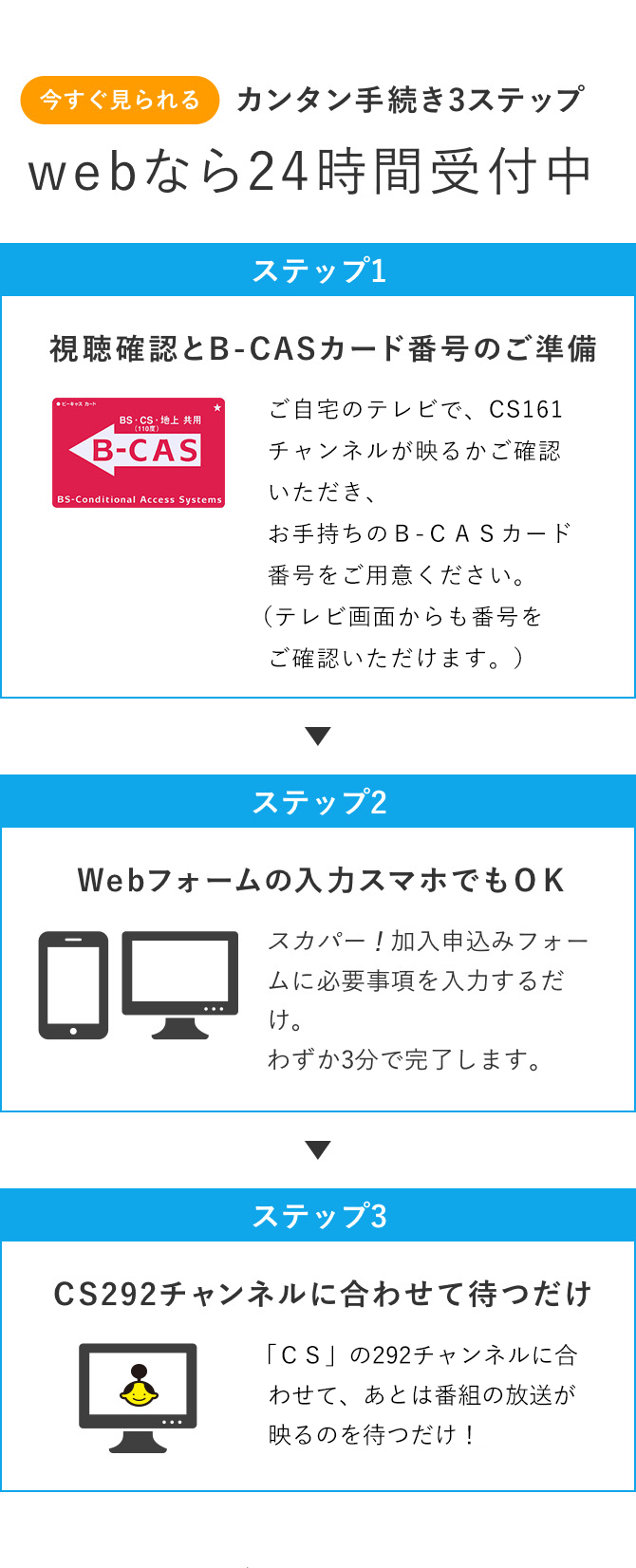 今すぐ見られるカンタン手続き3ステップ webなら24時間受付中 ステップ1：視聴確認とB-CASカード番号のご準備/ステップ2：Webフォームの入力 スマホでもOK/ステップ3：CS292チャンネルに合わせて待つだけ