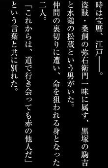 時は宝暦、江戸― 。 盗賊・桑飼の弥右衛門一味に属す、黒塚の駒吉と水鶏の松蔵という男がいた。 仲間の裏切りに遭い、命を狙われる身となった二人。「これからは、道で行き会っても赤の他 人だ」という言 葉と共に別れた。